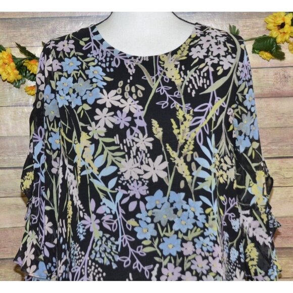 Calvin Klein Ladies Black Floral Blouse Top Size M Ruffled 3/4 Sleeves Career - Picture 3 of 14